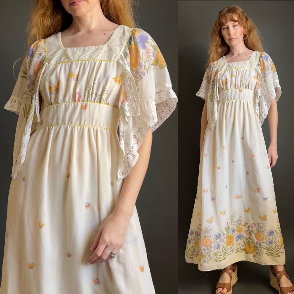 Vintage 1970s Hankerchief Sleeve Butterfly Print Maxi Dress, Small